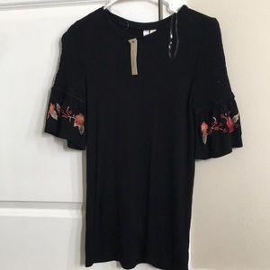 NWT Black Top with Smocked Embroidered Sleeves